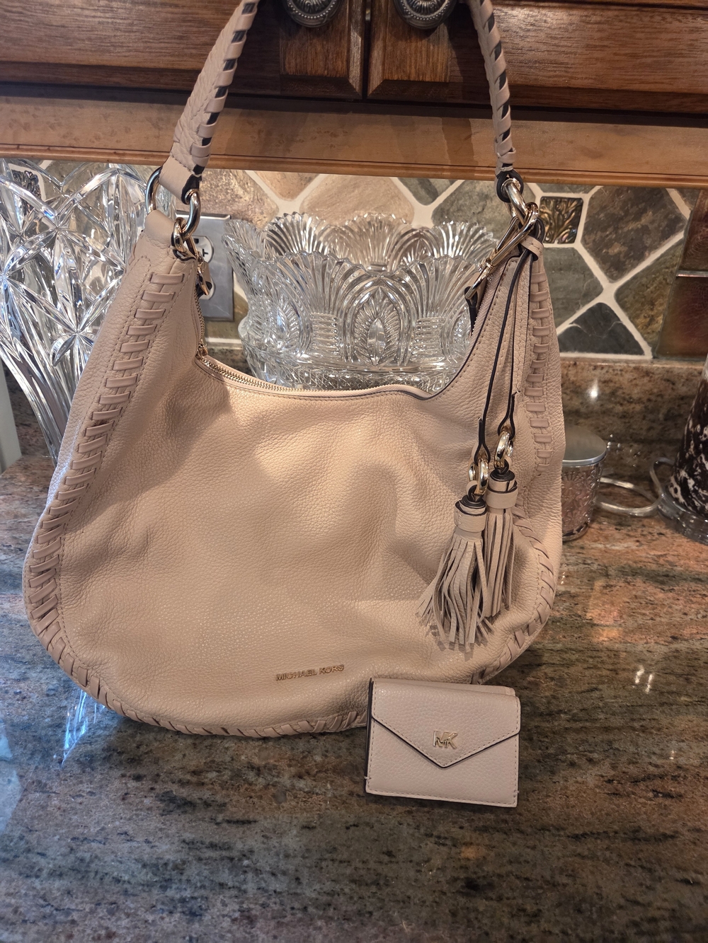 Michael Kors Pink-Tan Leather Hobo Bag with Tassel